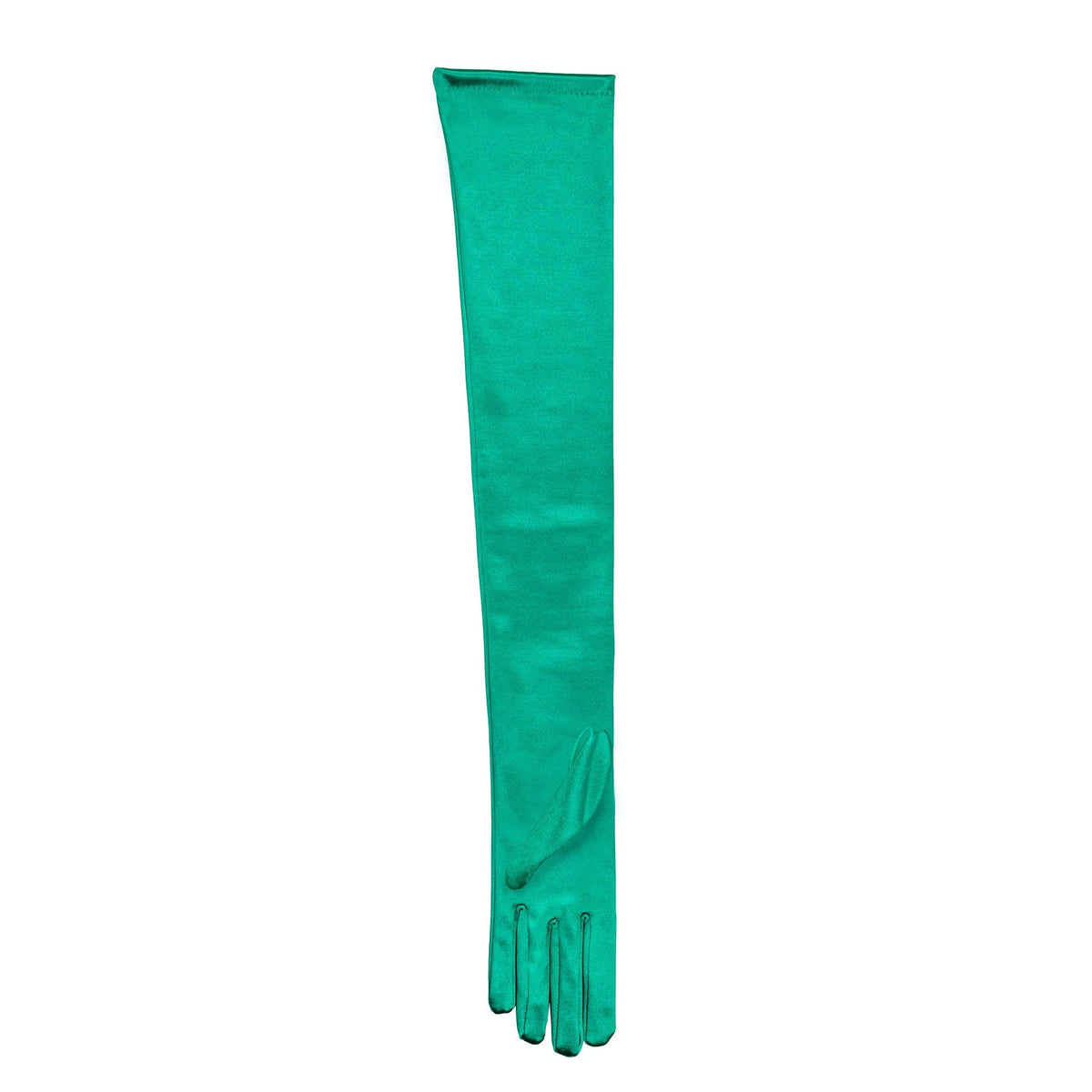 Women's long satin opera gloves in green, left hand. 