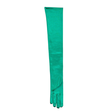 Women's long satin opera gloves in green, left hand. 