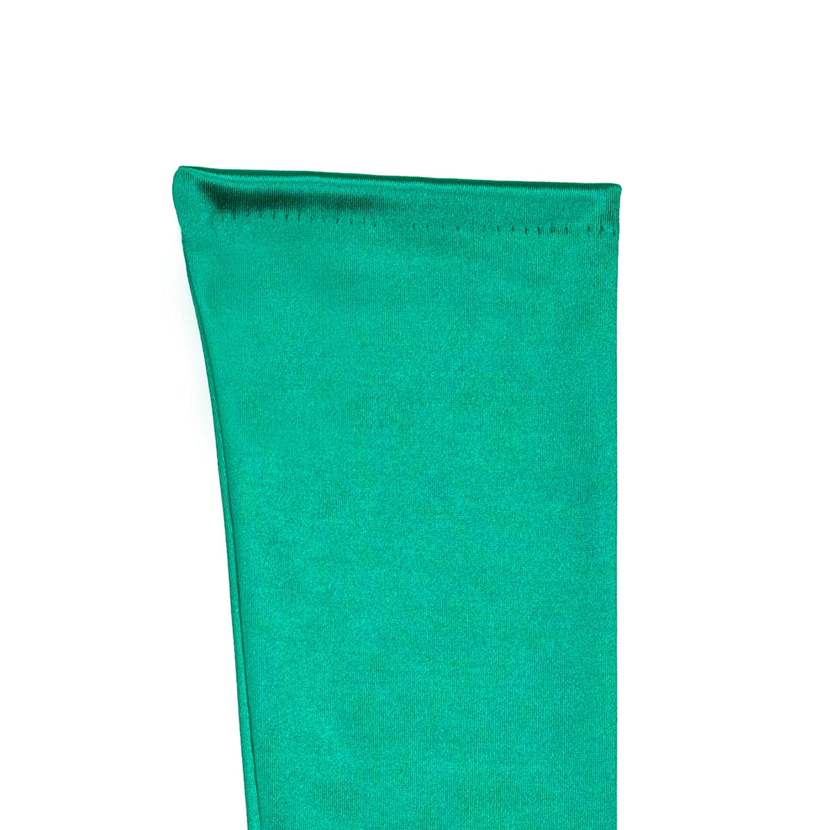 Women's long satin opera gloves in green, left hand close up. 
