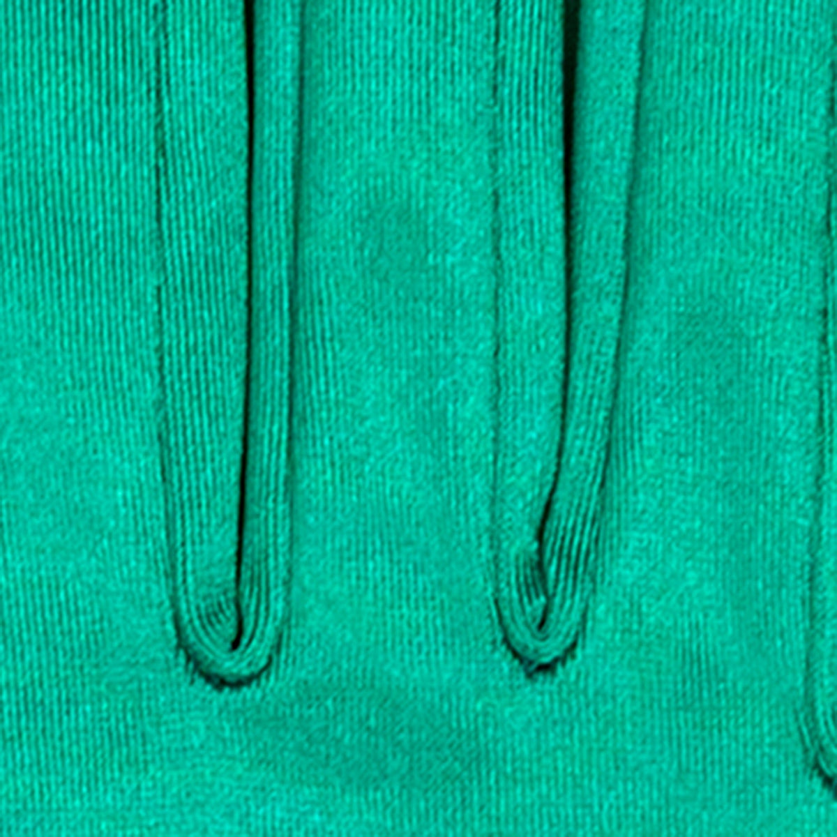 Women's long satin opera gloves in green, fingers close up. 