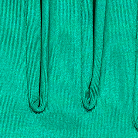 Women's long satin opera gloves in green, fingers close up. 