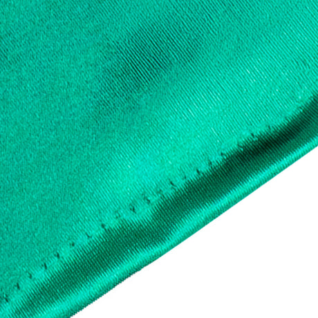Women's long satin opera gloves in green, seam and cuff close up. 