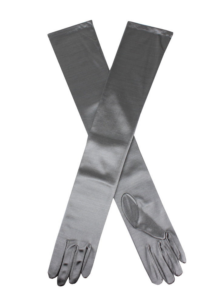 Women's long, opera-length satin gloves in Pewter grey