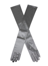 Women's long, opera-length satin gloves in Pewter grey