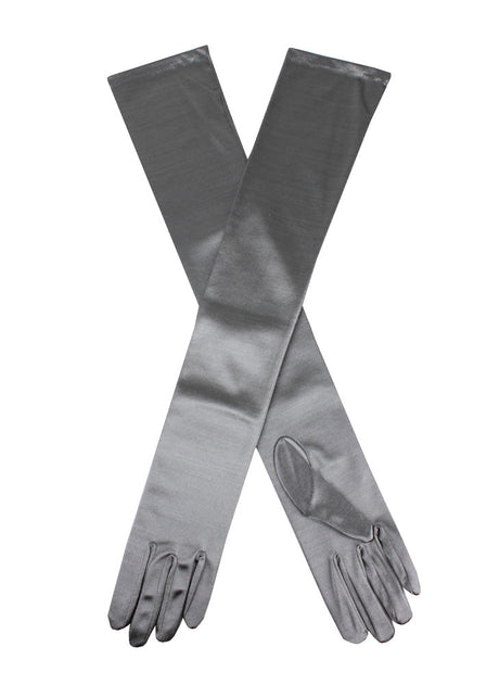 Women's long, opera-length satin gloves in Pewter grey