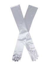 Women's long, opera-length satin gloves in Silver grey