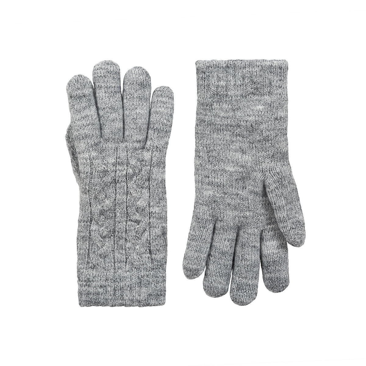Women's cable knit gloves in light grey, side by side. 
