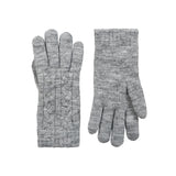Women's cable knit gloves in light grey, side by side. 