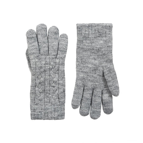 Women's cable knit gloves in light grey, side by side. 