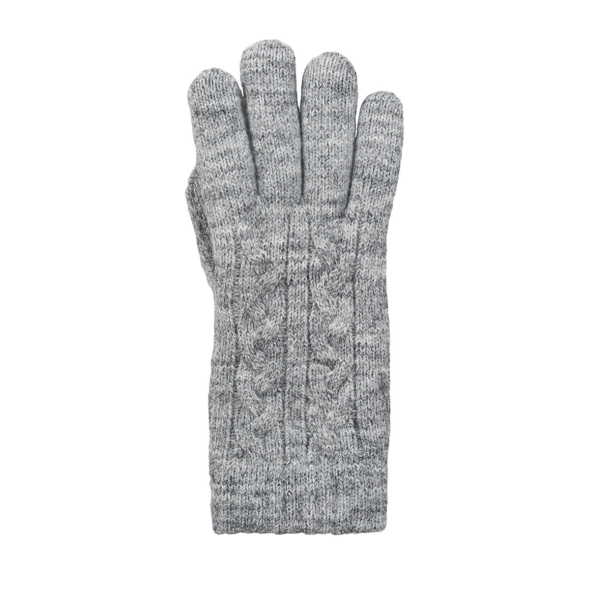 Women's cable knit gloves in light grey, right hand. 