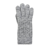 Women's cable knit gloves in light grey, right hand. 