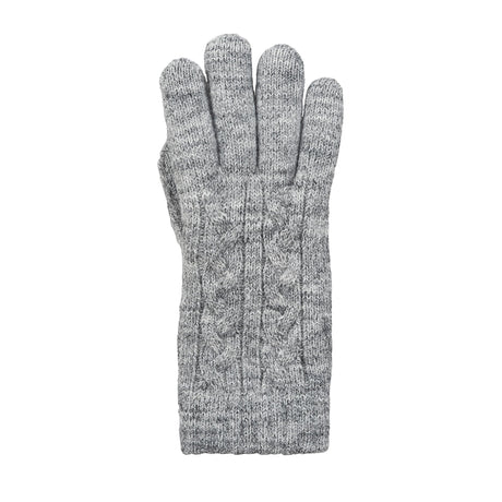 Women's cable knit gloves in light grey, right hand. 