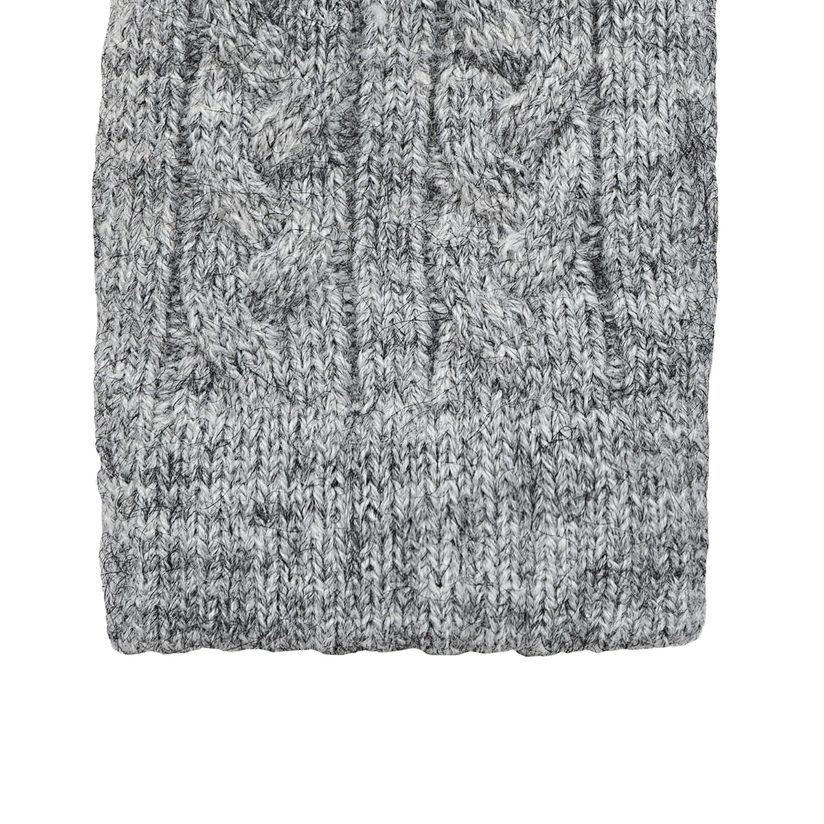Women's cable knit gloves in light grey, right hand close up. 