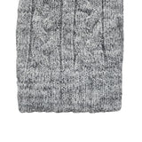 Women's cable knit gloves in light grey, right hand close up. 