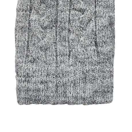 Women's cable knit gloves in light grey, right hand close up. 