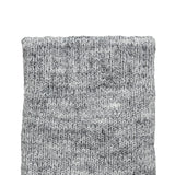 Women's cable knit gloves in light grey, left hand close up. 