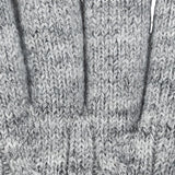 Women's cable knit gloves in light grey, fingers close up. 