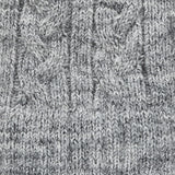 Women's cable knit gloves in light grey, fabric close up. 