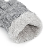 Women's cable knit gloves in light grey, cuff. 