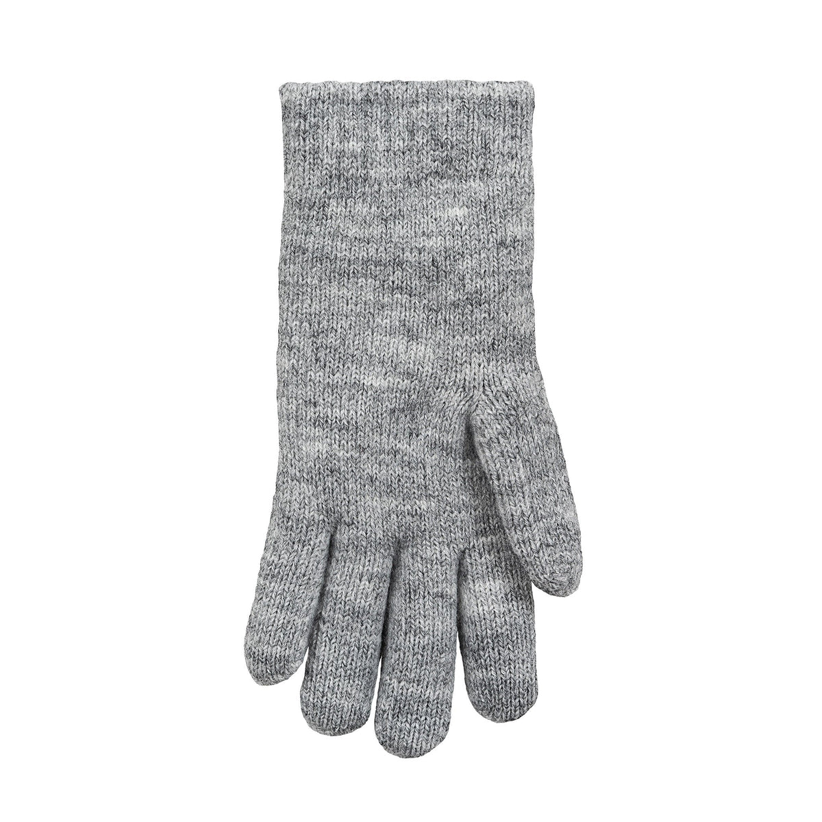 Women's cable knit gloves in light grey, left hand. 