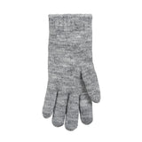 Women's cable knit gloves in light grey, left hand. 