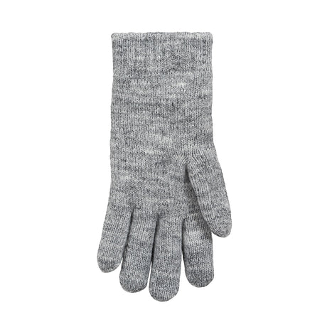 Women's cable knit gloves in light grey, left hand. 