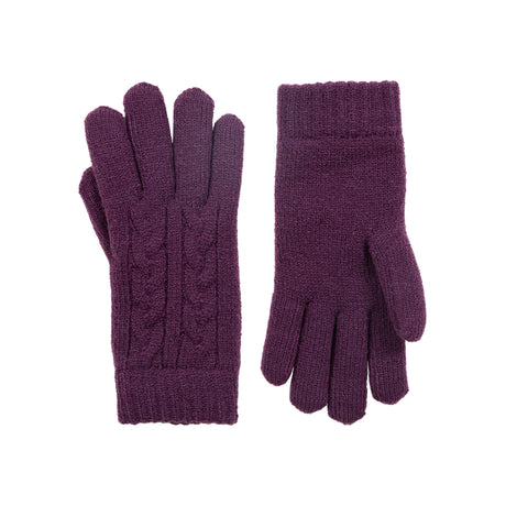 Women's cable knit gloves in purple, side by side.