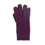 Women's cable knit gloves in purple, right hand. 