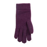 Women's cable knit gloves in purple, left hand.