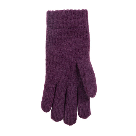 Women's cable knit gloves in purple, left hand.