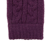 Women's cable knit gloves in purple, right hand close up. 