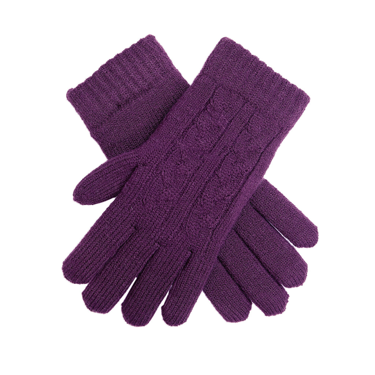 Women's cable knit gloves in purple, criss cross position. 