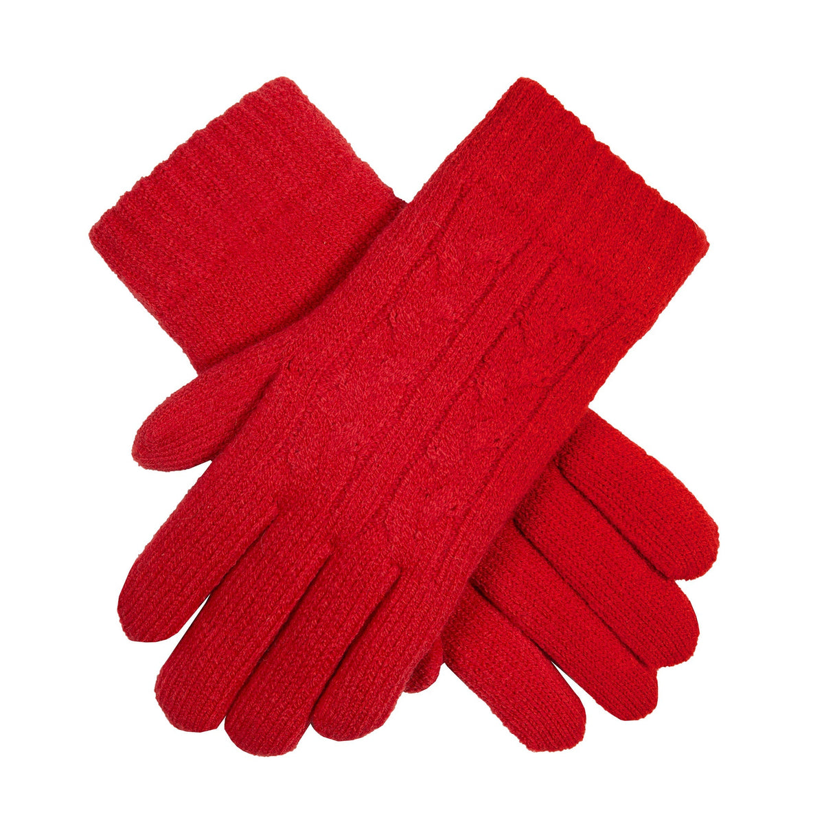 Women's cable knit gloves in red, crossed position. 