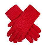 Women's cable knit gloves in red, crossed position. 