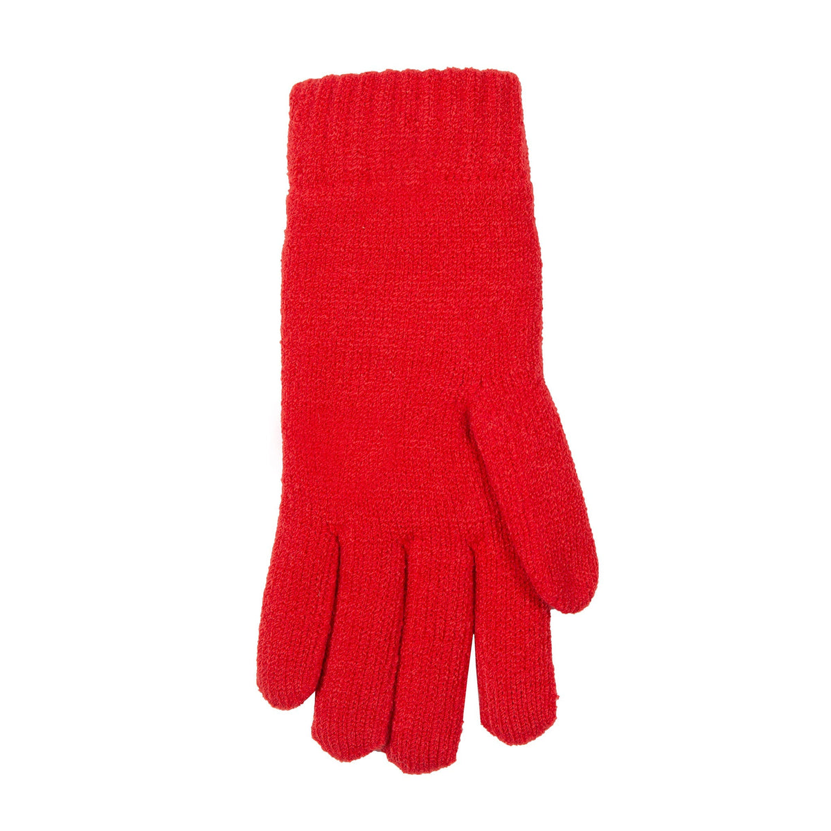 Women's cable knit gloves in red, left hand. 