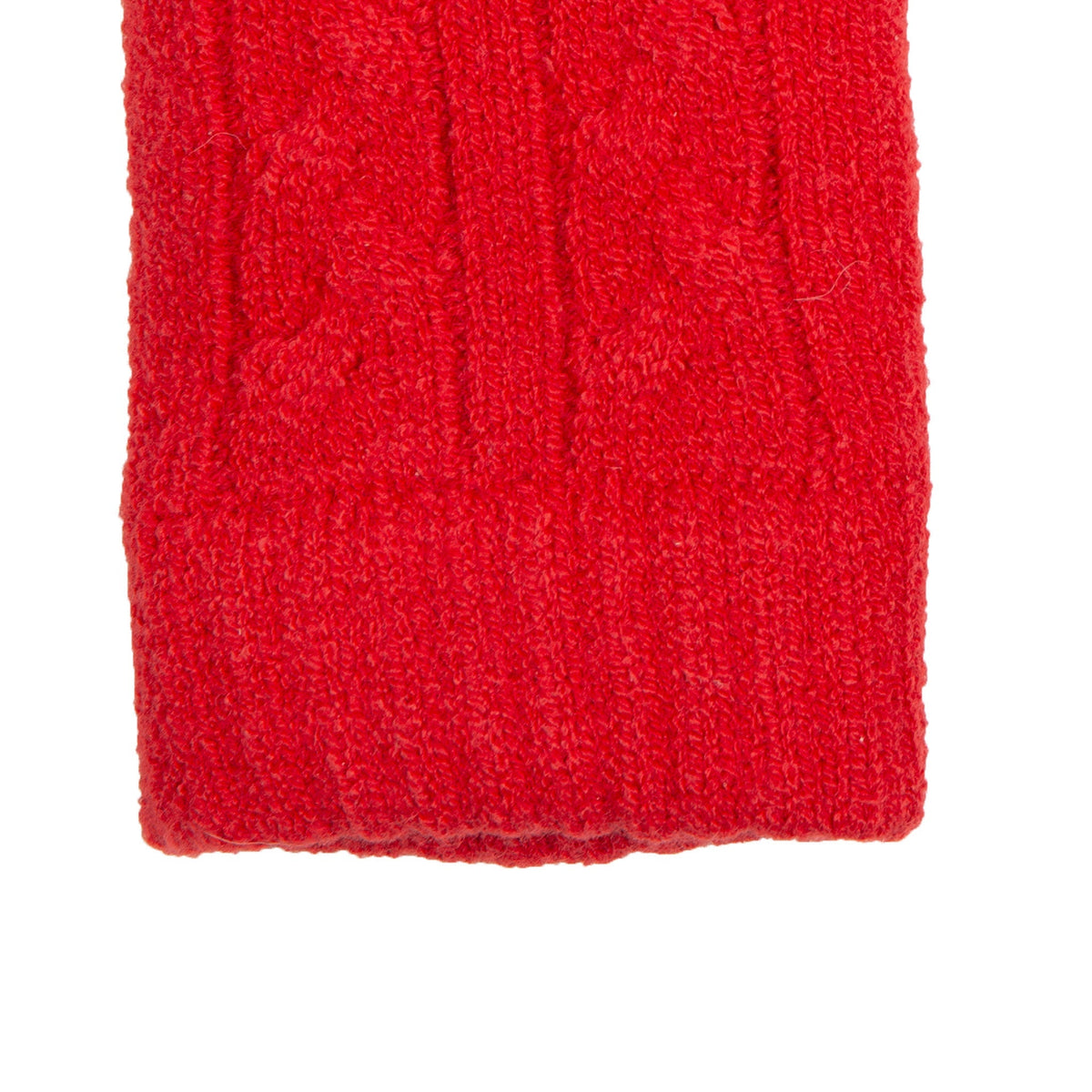 Women's cable knit gloves in red, right hand close up. 