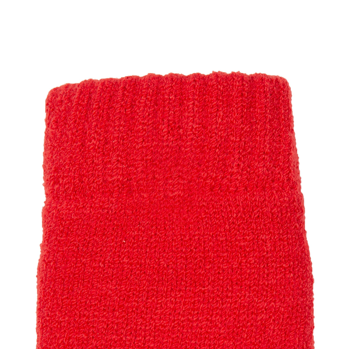 Women's cable knit gloves in red, left hand close up. 