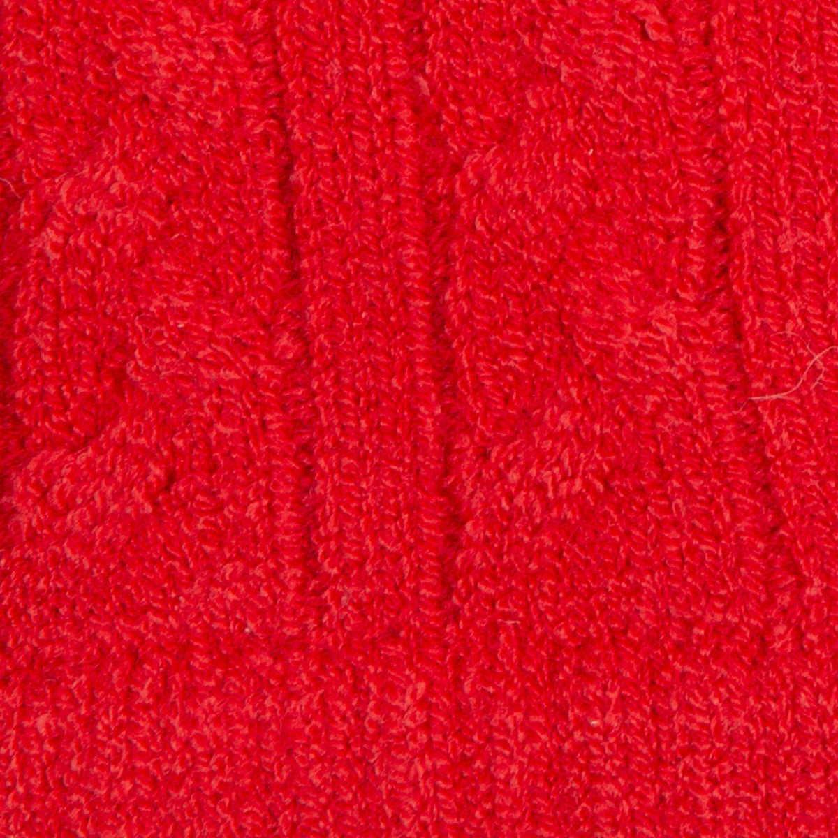 Women's cable knit gloves in red, fabric close up. 
