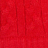 Women's cable knit gloves in red, fabric close up. 