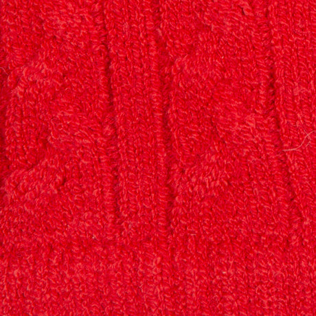 Women's cable knit gloves in red, fabric close up. 