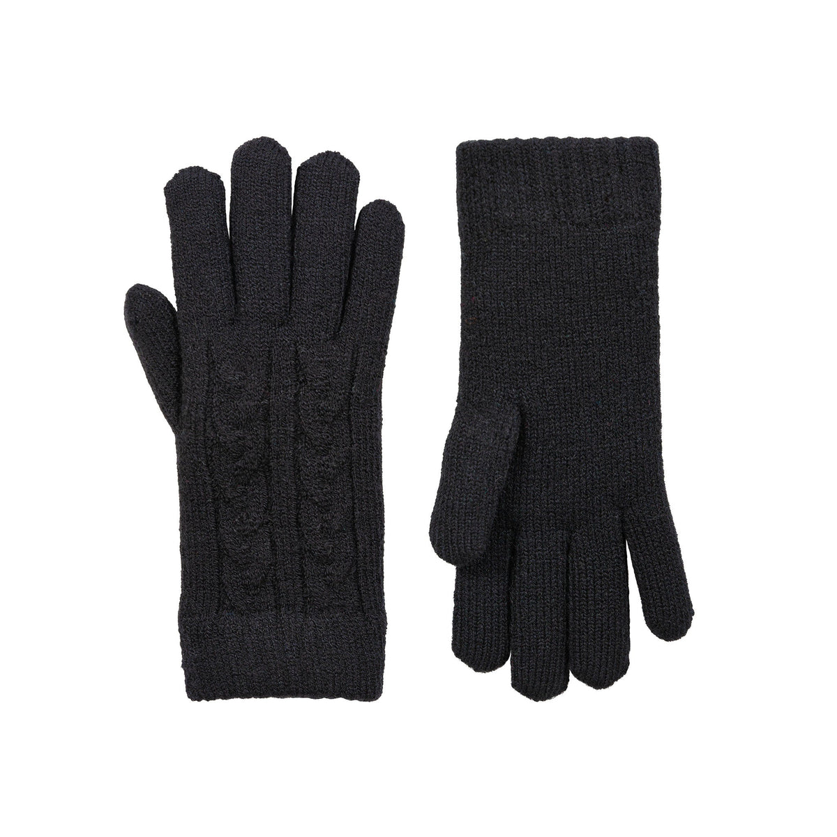 Women's cable knit gloves in black, side by side. 