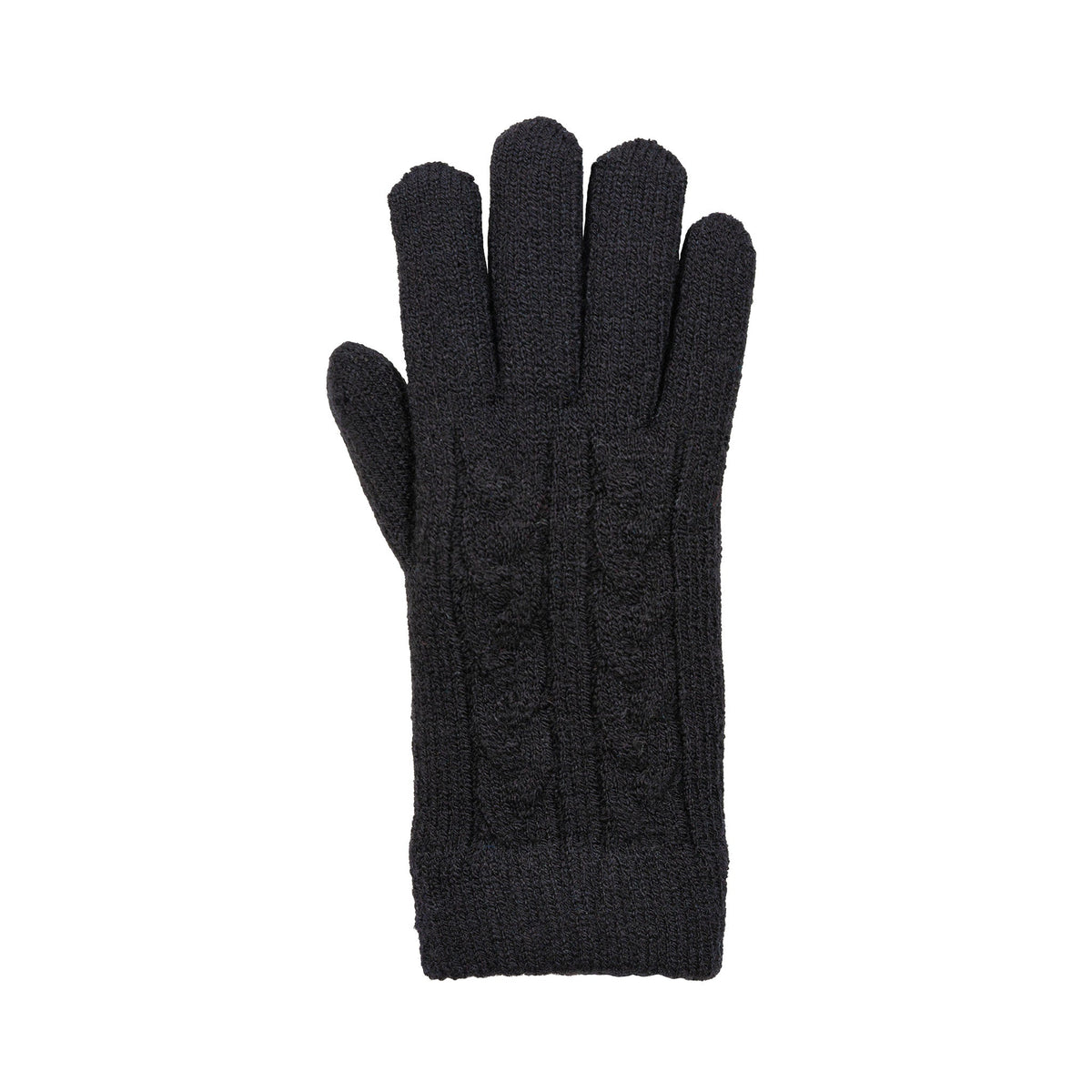 Women's cable knit gloves in black, right hand. 