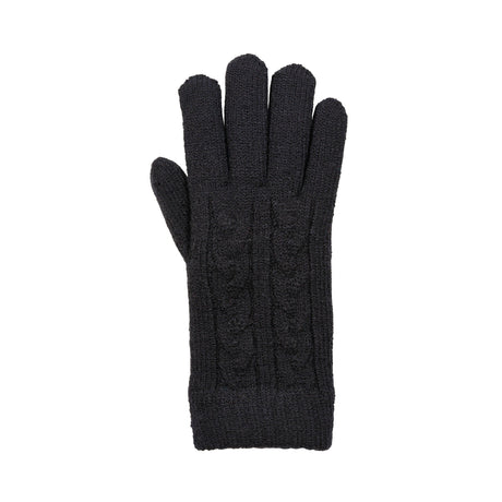 Women's cable knit gloves in black, right hand. 