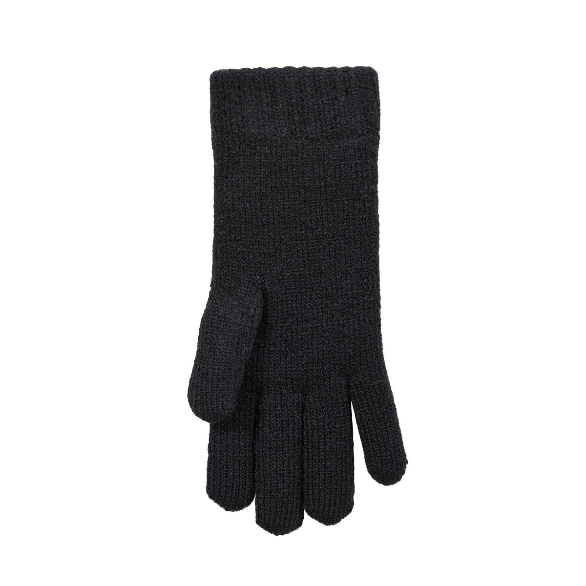 Women's cable knit gloves in black, left hand. 