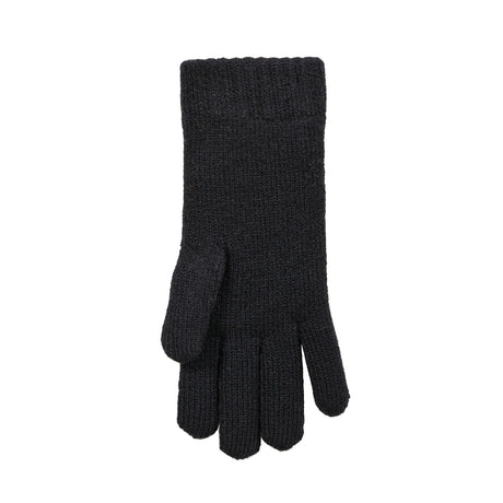 Women's cable knit gloves in black, left hand. 