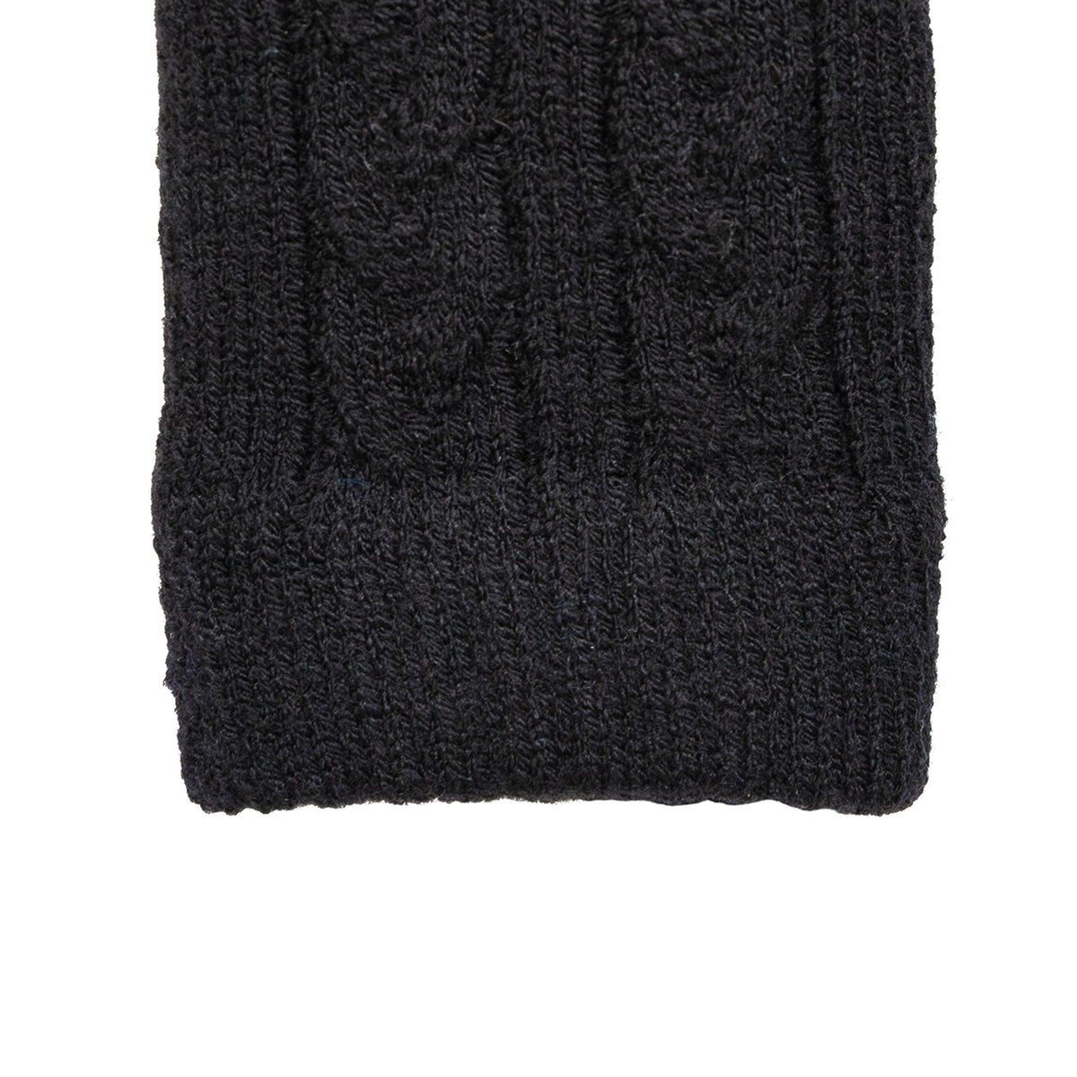 Women's cable knit gloves in black, right hand close up. 
