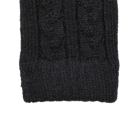 Women's cable knit gloves in black, right hand close up. 