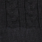 Women's cable knit gloves in black, fabric close up. 
