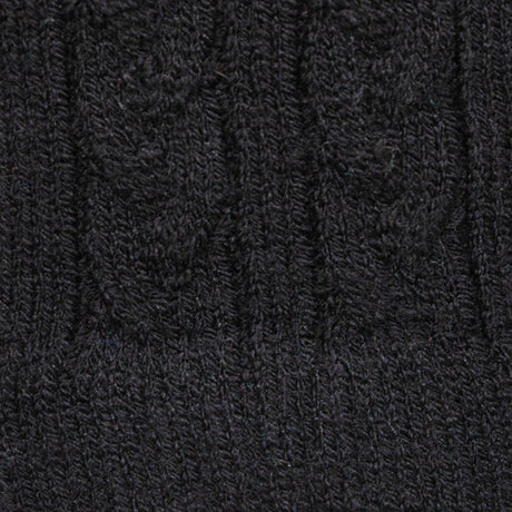 Women's cable knit gloves in black, fabric close up. 