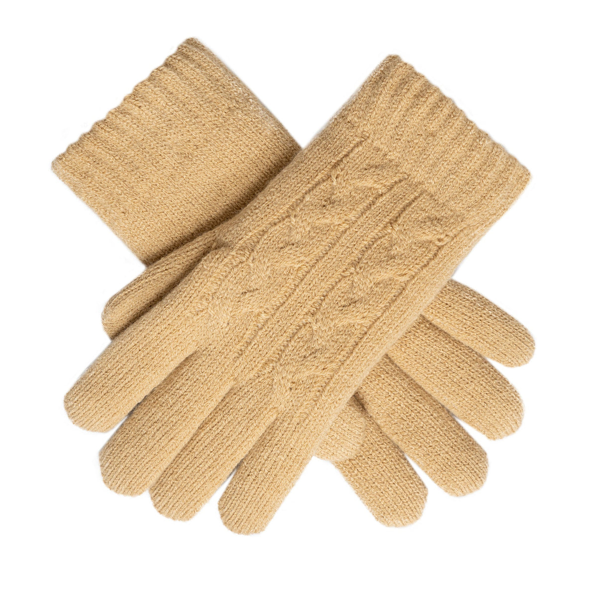 Women's cable knit gloves in beige, criss cross position.